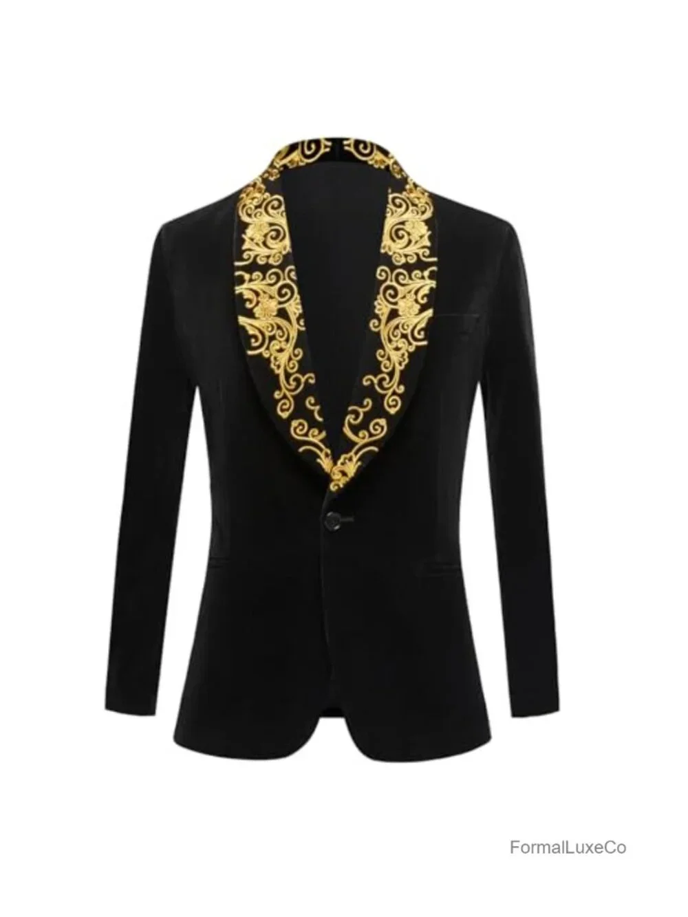 Men's Velvet Blazer Tuxedo Jacket with Gold Embroidery, Formal Wedding Prom